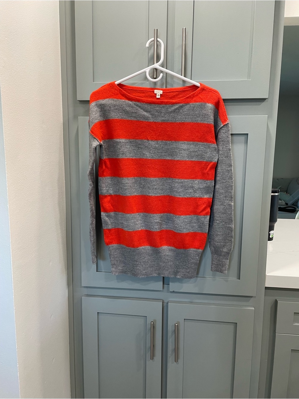 J. Crew Women's Red and Gray Striped Crewneck Sweater